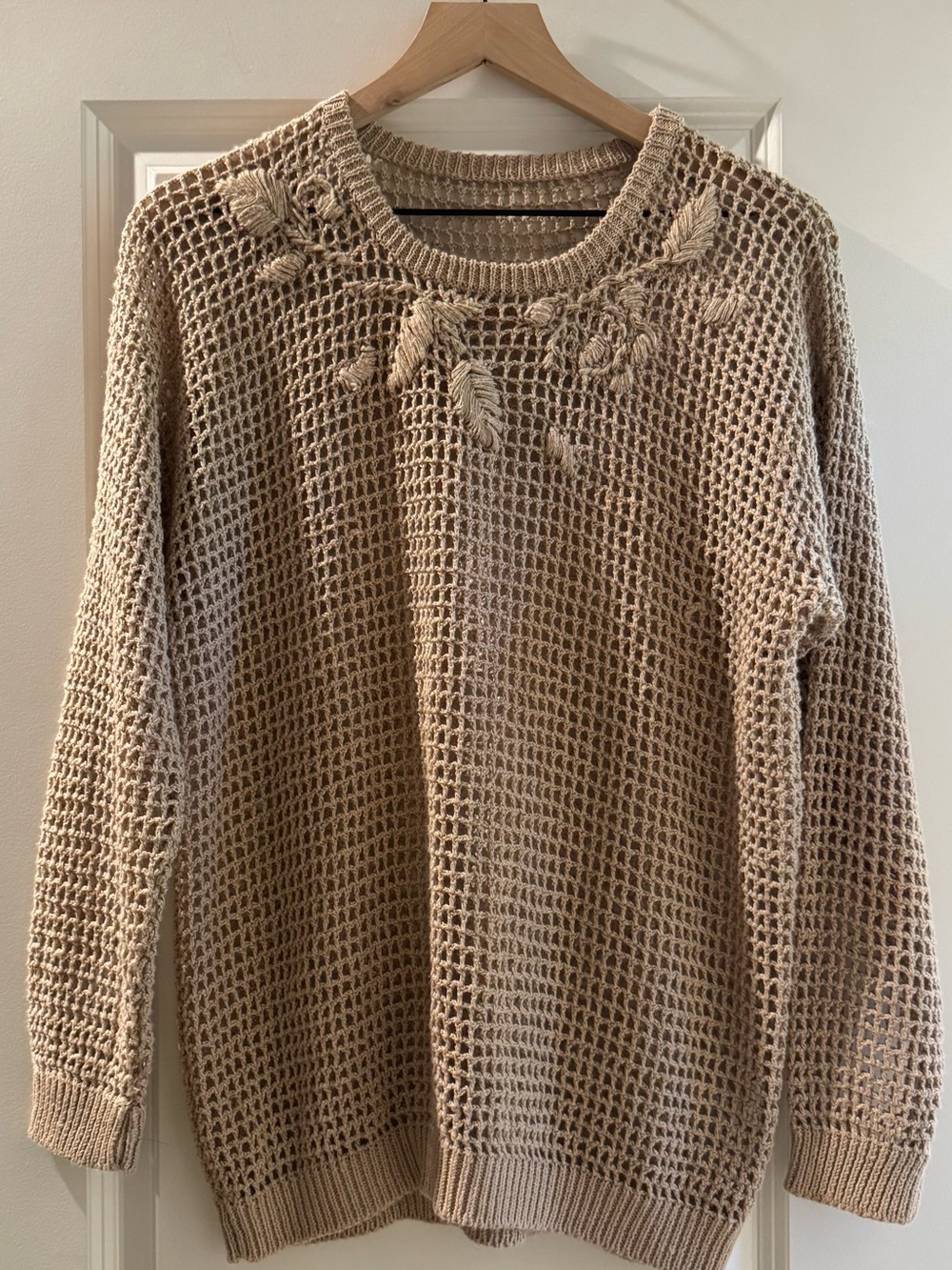 Boho open knit crochet Sweater Embroidered Leaf Coastal Beachy soft